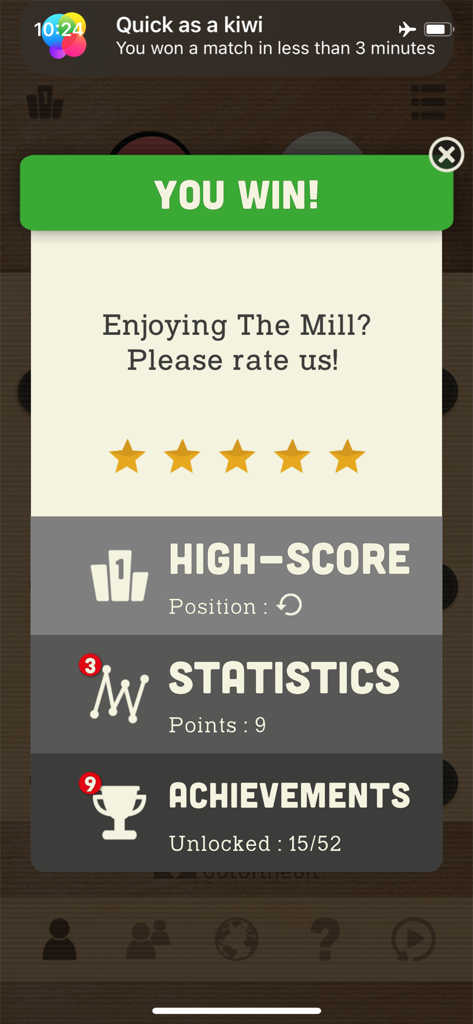 높은 점수와 게임 업적이 표시된 The Mill 앱의 승리 화면