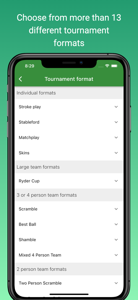 Une liste de plus de 13 formats de tournois de golf, y compris Scramble et Ryder Cup, dans l'application Squabbit.