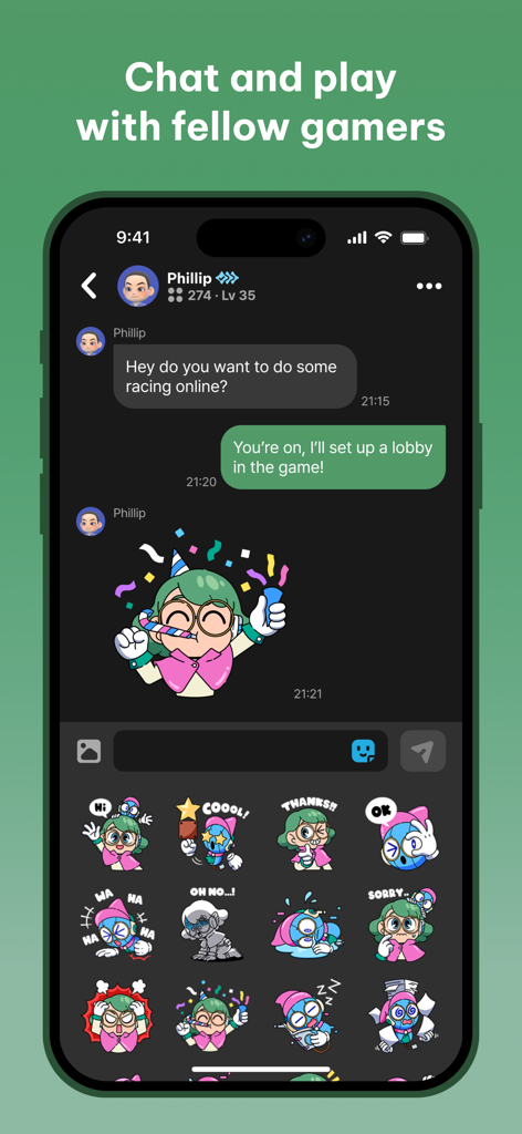 FUZE: Gaming Community - A mobile screen showing the FUZE app chat interface with custom gamer stickers and messaging.