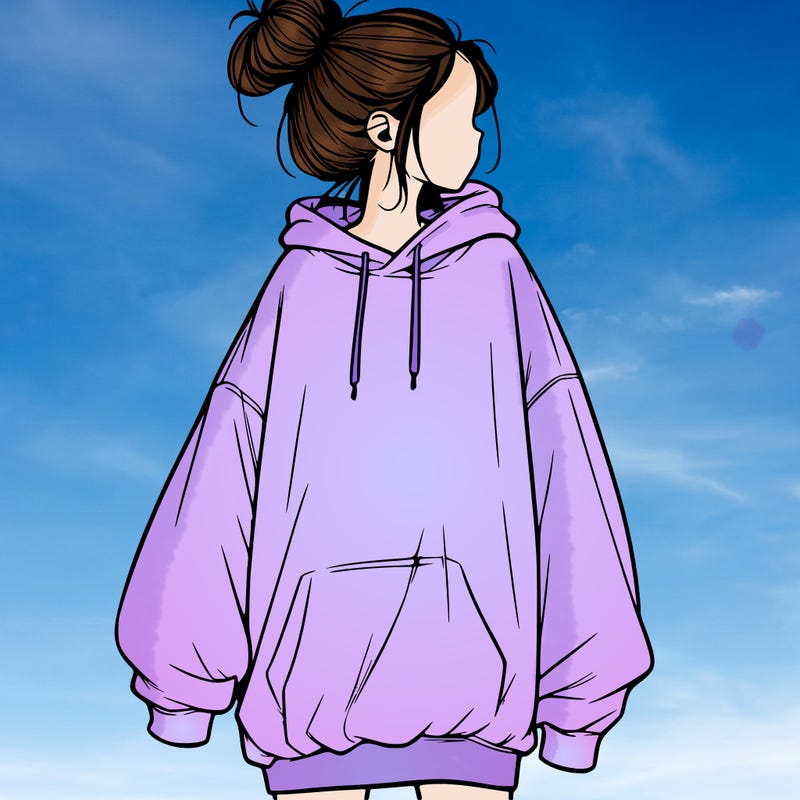 realistic girl with a oversized sweatshirt on and a bun
