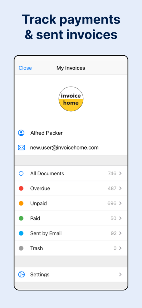Invoice Maker by Invoice Home - Panel móvil para rastrear el estado de pago de las facturas y las categorías
