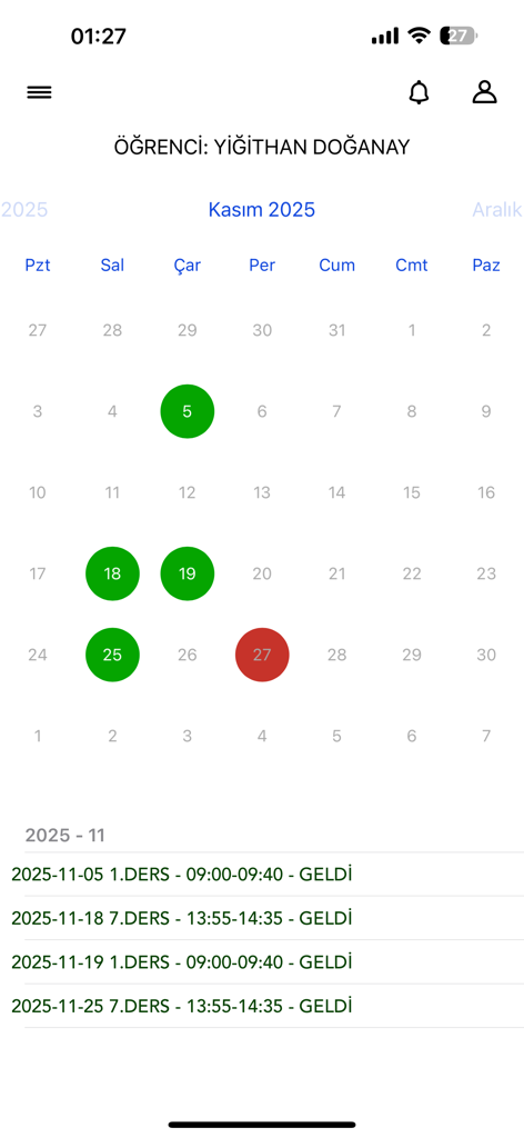 Ein Anwesenheitskalender für Schüler, der An- und Abwesenheiten mit detaillierten Unterrichtsprotokollen anzeigt.