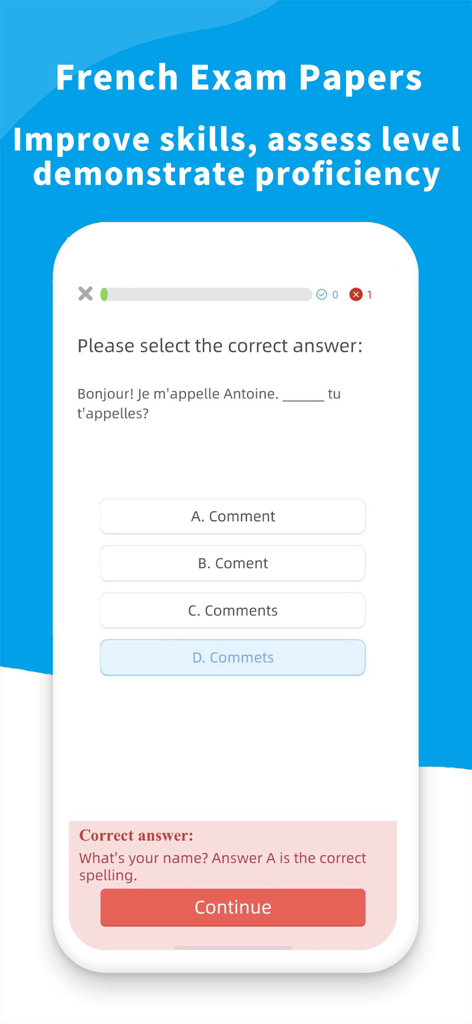 Learn French- For Beginners - Interfaz de aplicación móvil que muestra una pregunta de examen de opción múltiple en francés sobre saludos básicos