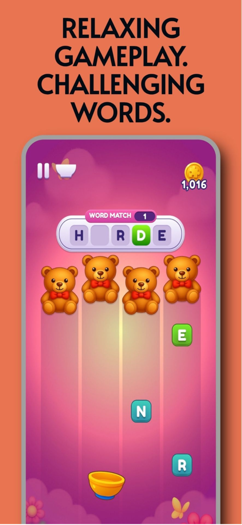 Captura de pantalla del juego Worde Flow que muestra letras que caen para completar una palabra con adorables iconos de osito de peluche