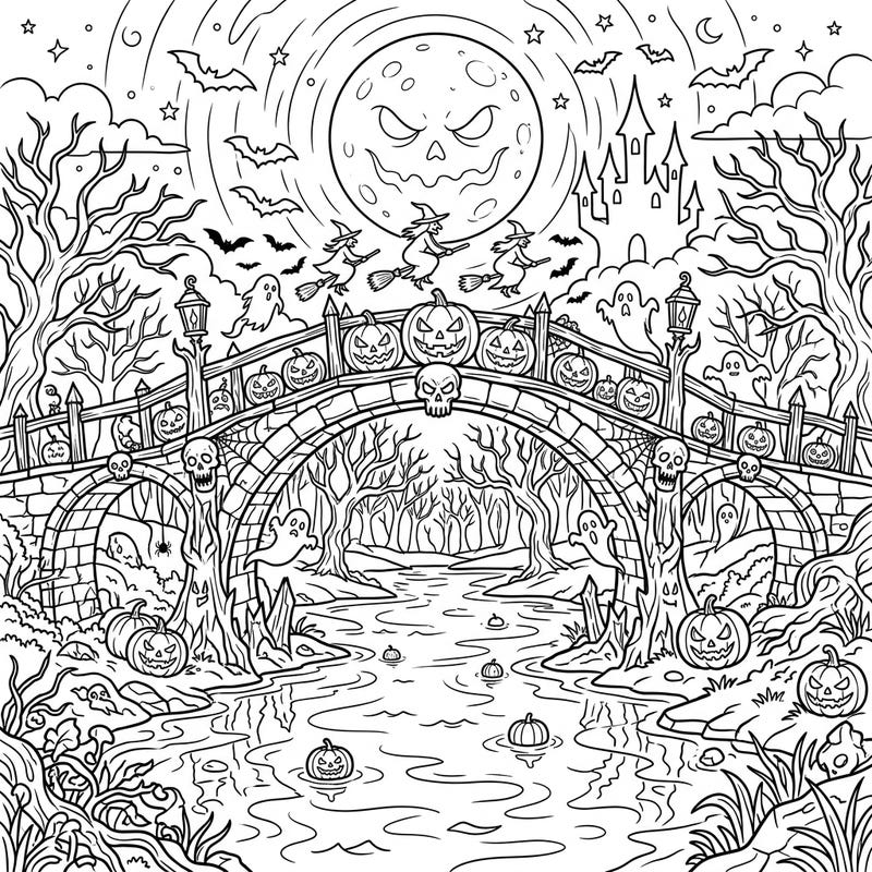 Get ready for a frightfully fun coloring experience with this intricate Halloween river bridge scene. Adorned with grinning jack-o'-lanterns, flying witches, and ghostly figures, it's perfect for celebrating the spooky season.