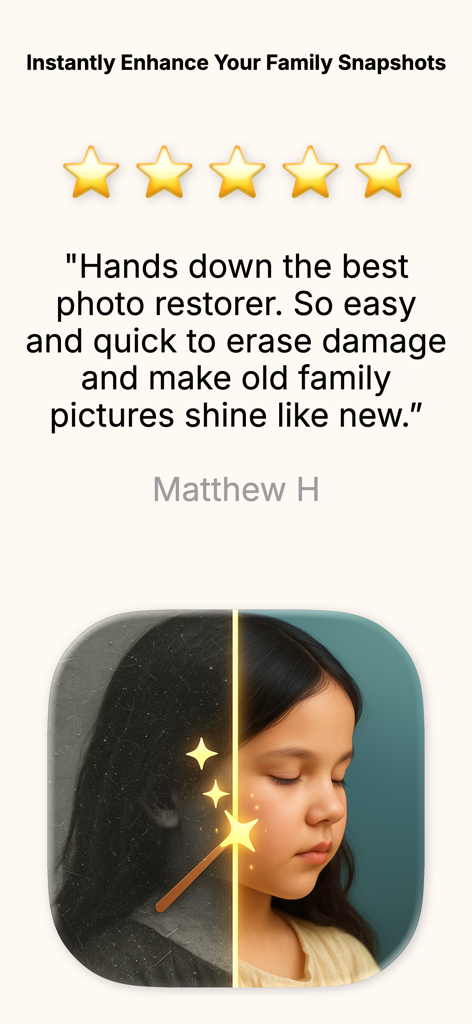 Family Photo Restore - Una reseña de usuario de cinco estrellas y una comparación del antes y después de una foto familiar restaurada.