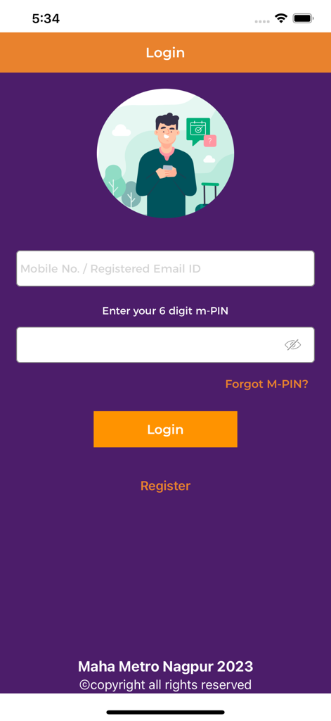 Nagpur Metro Rail - Login interface for the Nagpur Metro Rail app featuring mobile number and PIN entry fields