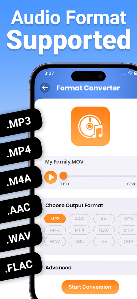 Video to MP3 Converter ‣ - A mobile screen showing the Video to MP3 Converter app interface with supported formats like MP3 MP4 M4A AAC WAV and FLAC.