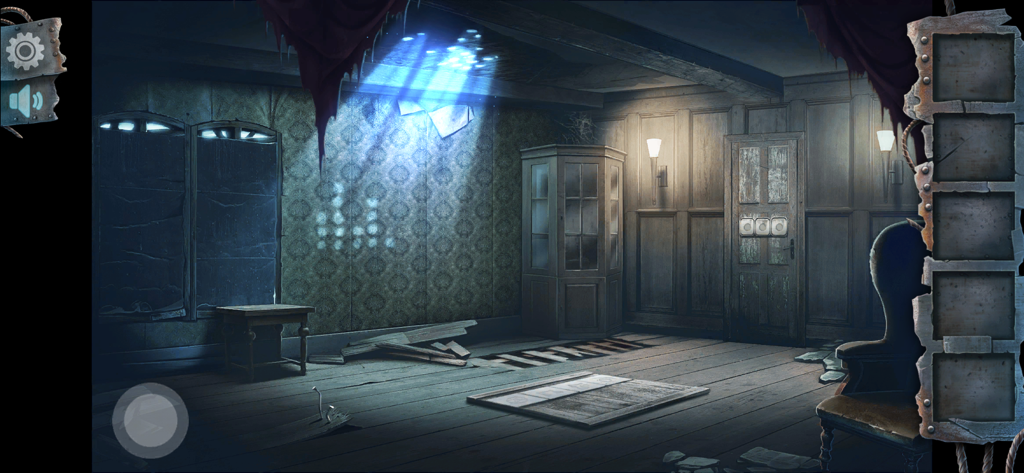 Habitación oscura espeluznante con un rayo de luz desde el techo en un juego de terror