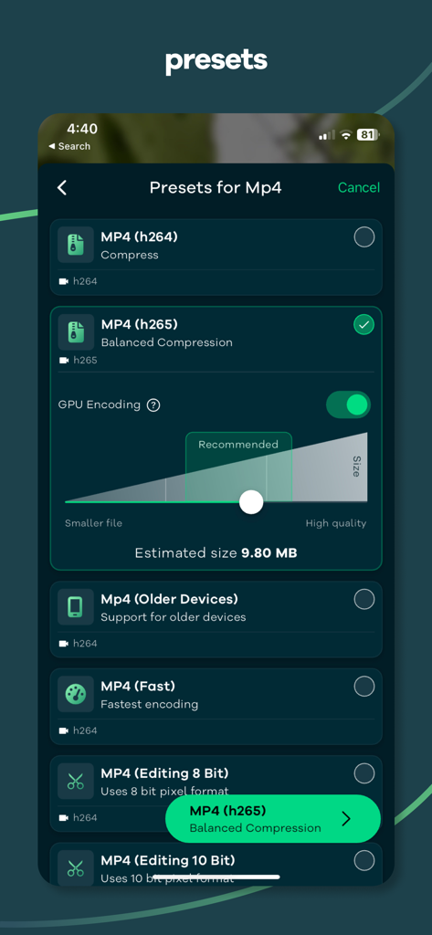 Video Converter, Compressor - Mobile app interface displaying multiple MP4 conversion presets with a quality and file size slider