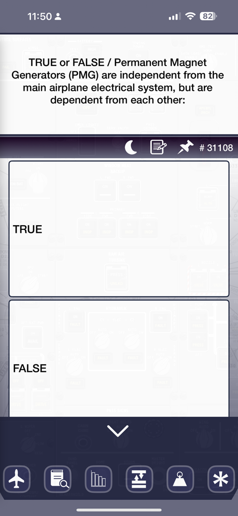 Mobile app interface showing a true or false quiz question regarding Boeing 787 permanent magnet generators and electrical systems.
