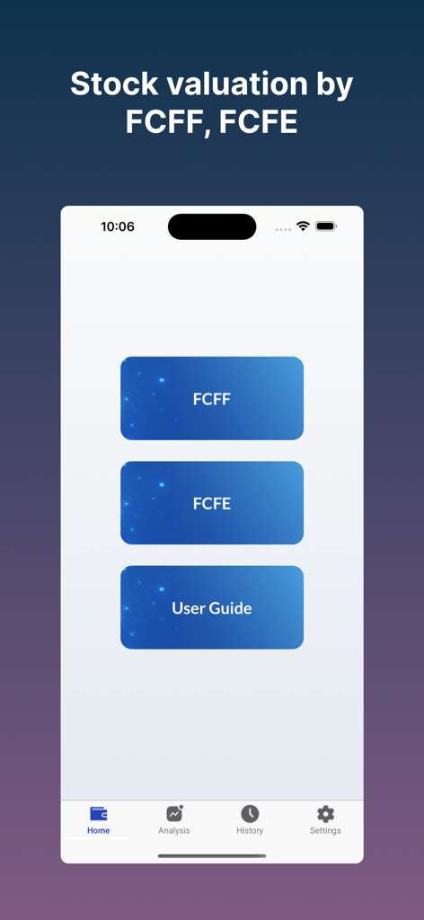 Pantalla de inicio de la aplicación DCF Valuation mostrando opciones para el análisis de acciones FCFF y FCFE