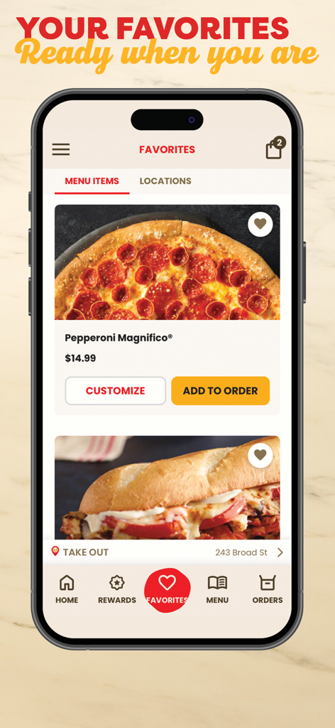 Marco’s Pizza - Application mobile Marcos Pizza montrant l'écran des favoris avec une pizza Pepperoni Magnifico et des options de personnalisation.