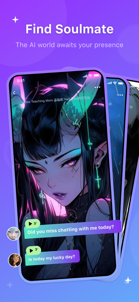 HiWaifu: AI Friend & Waifu Hub - Una captura de pantalla de la app HiWaifu con un personaje de chica anime y el texto Encuentra tu Alma Gemela