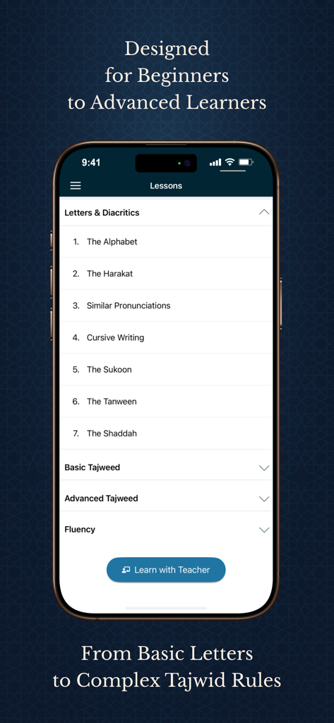 Learn Quran Tajwid - Lista de lecciones de Corán y Tajwid en la aplicación móvil Aprende Corán Tajwid.