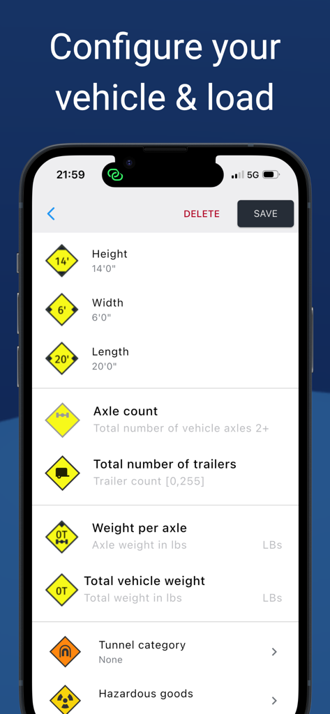 Smartphone screen showing NaviTruck vehicle and load configuration settings for truck and RV drivers
