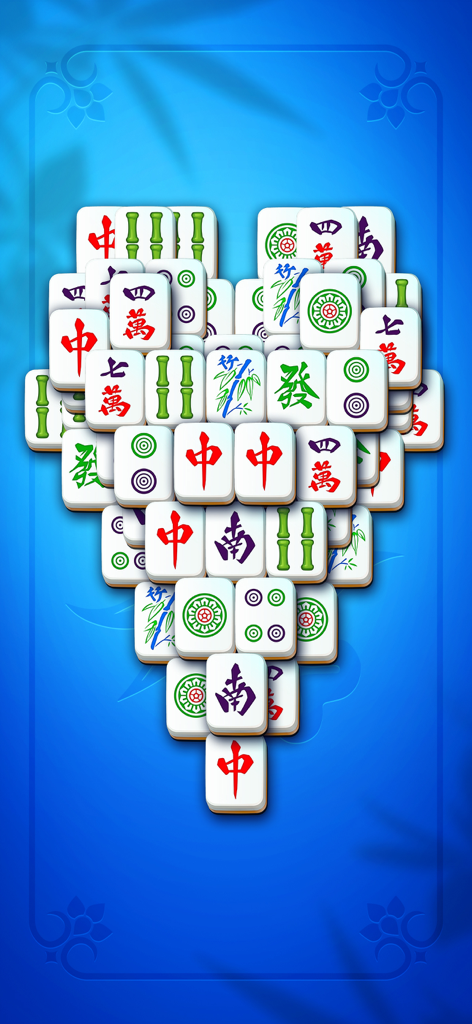 Mahjong Club - Solitaire Game - Mahjong tiles arranged in a heart shape on a blue background