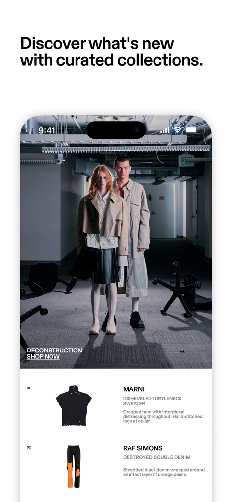 Mobile app screen showing curated fashion collections with designer clothing listings from brands like Marni and Raf Simons