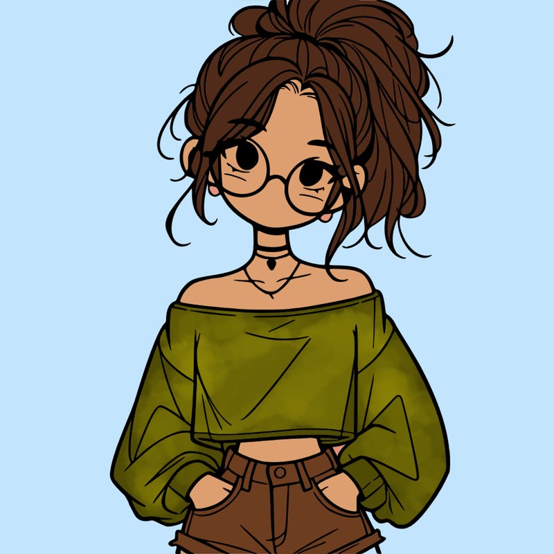 girl with a messy ponytail glasses a baggy crop top and jean shorts