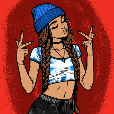 realistic teenage girl with braids and a beanie and crop top doing 🫶🏼