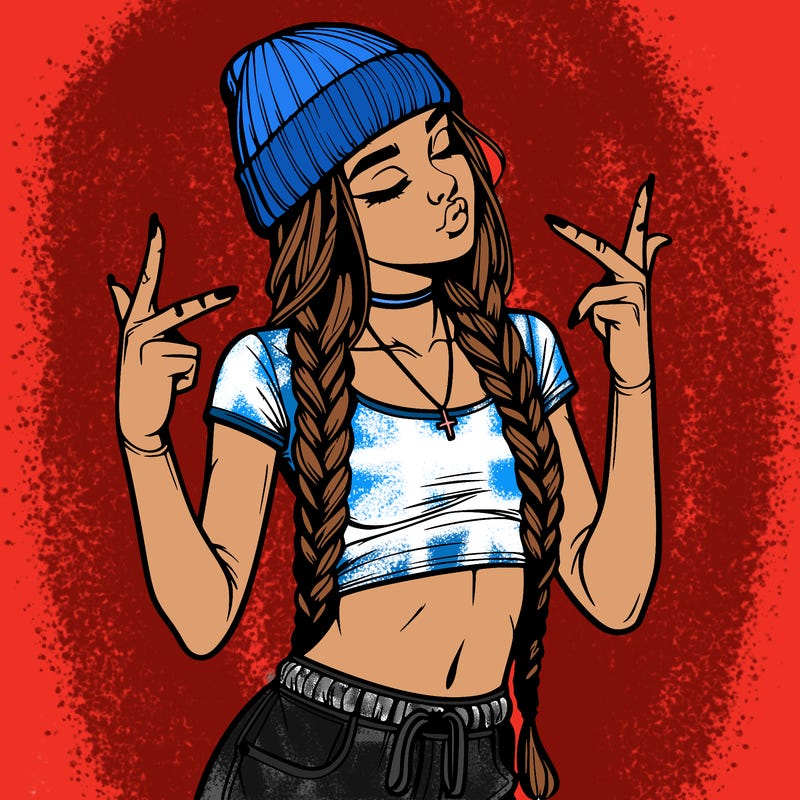 realistic teenage girl with braids and a beanie and crop top doing 🫶🏼