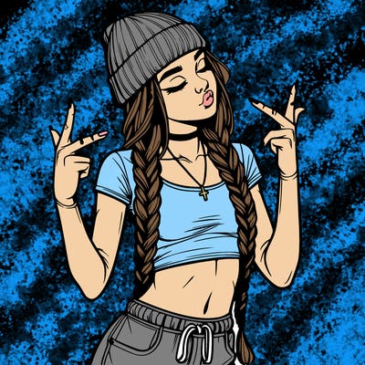 realistic teenage girl with braids and a beanie and crop top doing 🫶🏼