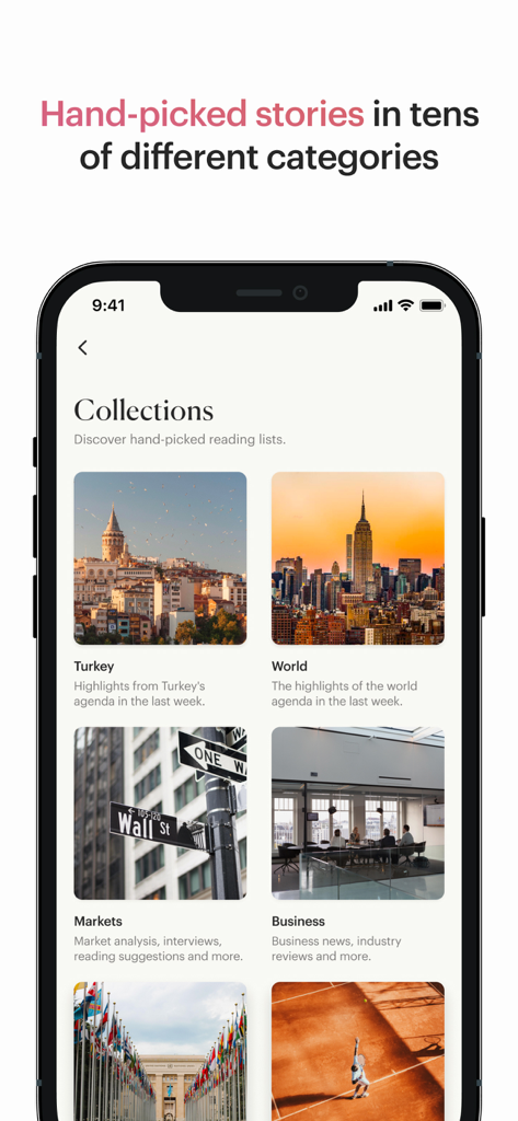 Aposto - Aposto app interface showing hand picked news collections in different categories.