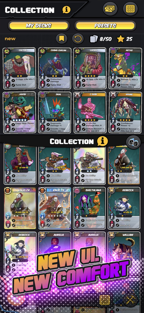 Urban Rivals mobile game screen displaying a collection of unique character cards with an urban art style