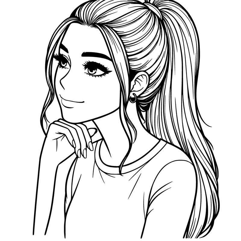 realistic woman with ponytail and her chin resting on her hand