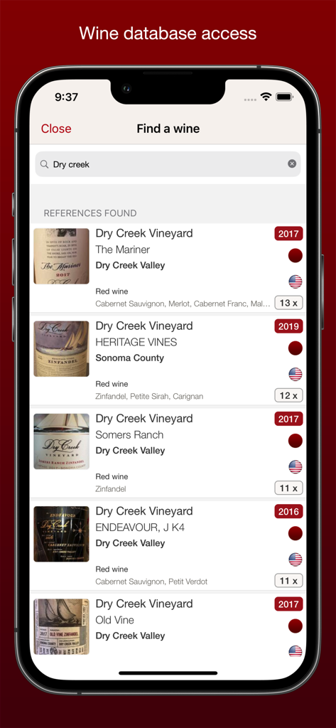 Screenshot of the VinoCell app showing wine database search results for Dry Creek Vineyard bottles and vintages.