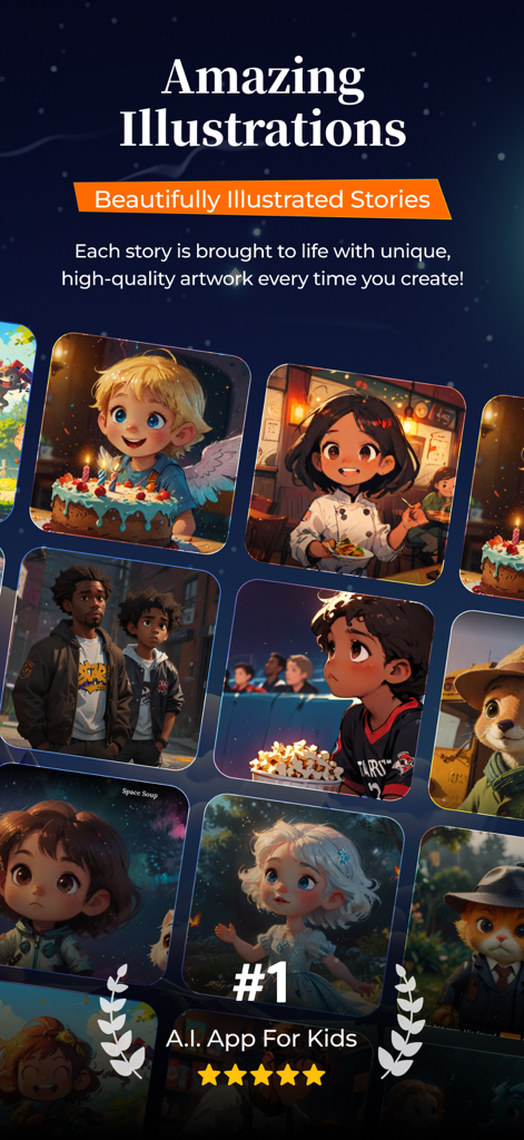 StoryStax - Kids Story Creator - A collection of diverse and colorful AI-generated illustrations for children stories in the StoryStax app