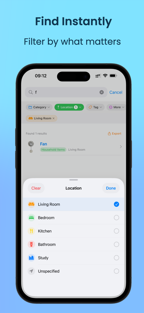 MyThings – Personal Inventory - Buscar y filtrar artículos por ubicación en la aplicación de inventario personal MyThings.