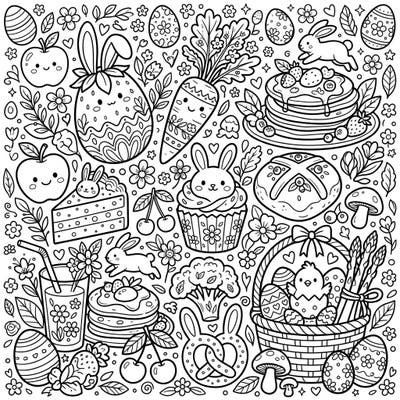 Celebrate Easter with a delightful array of charming food and festive motifs. This intricate coloring page is packed with cute bunnies, decorated eggs, and delicious treats, perfect for a joyful spring activity.