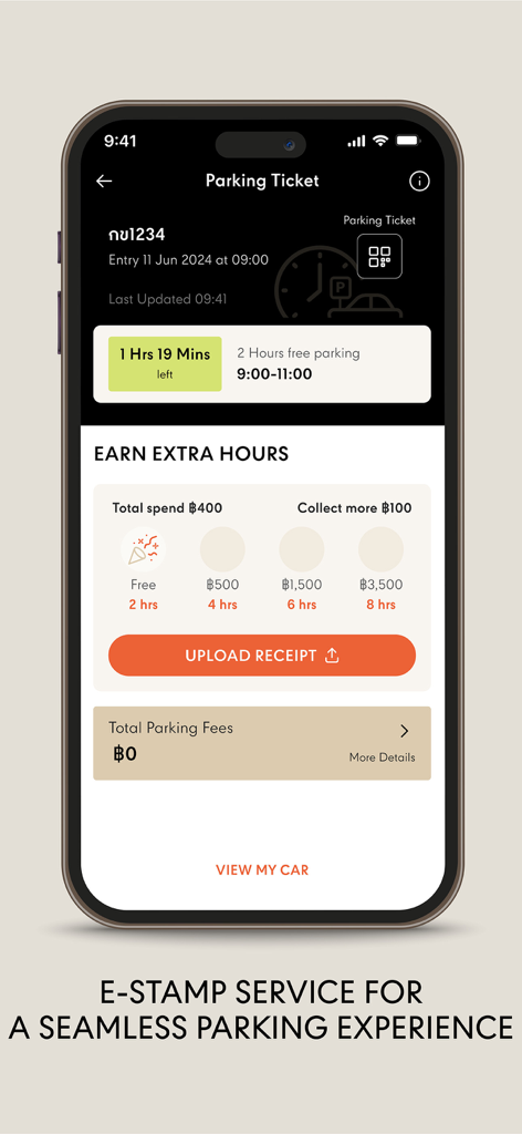 Central X - Schermata dello smartphone che mostra la funzione di timbratura del parcheggio dell'app Central X con monitoraggio del tempo e un pulsante di caricamento ricevuta per guadagnare ore di parcheggio extra.