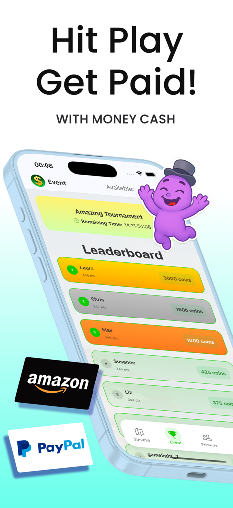 MONEY CASH - Fun & Earn - Money Cash app interface with a tournament leaderboard and PayPal and Amazon reward icons