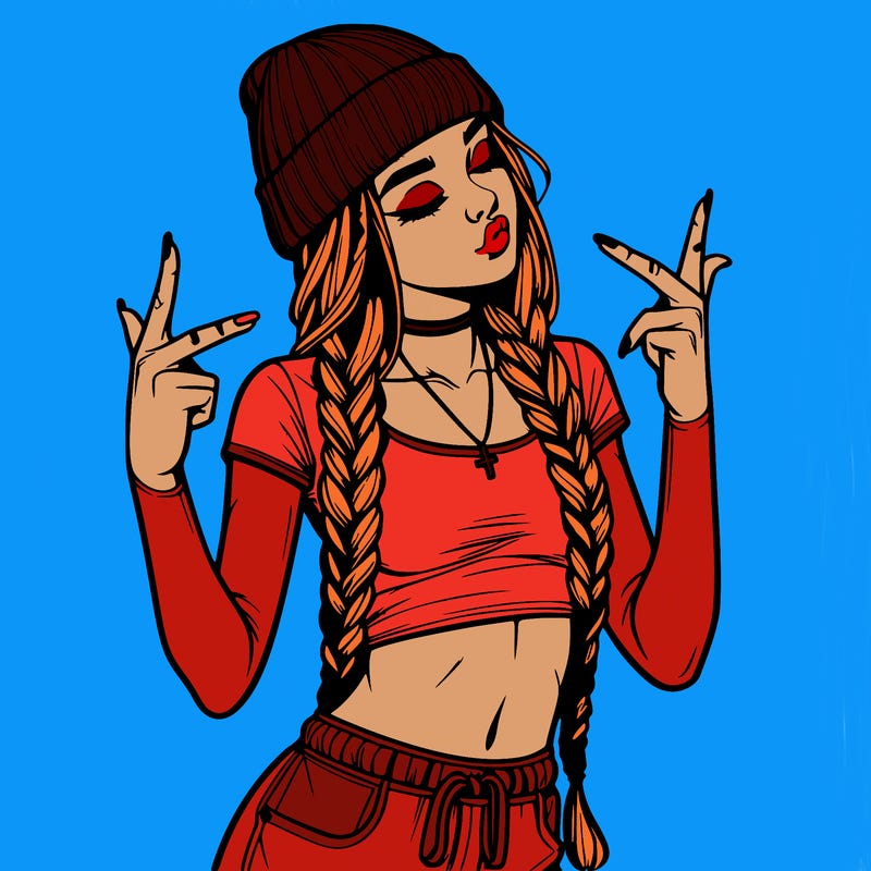 realistic teenage girl with braids and a beanie and crop top doing 🫶🏼