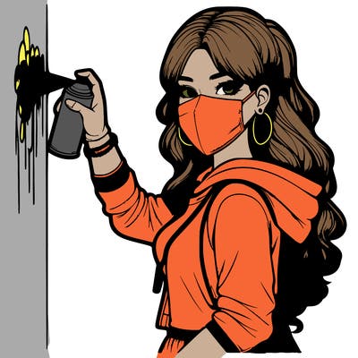 realistic girl with mask spray painting a wall