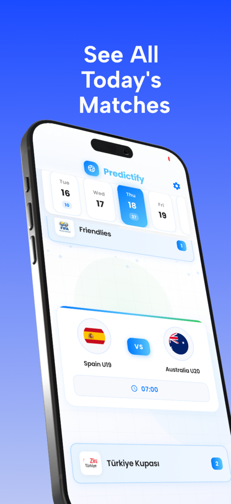 Predictify: Soccer AI - Predictify app interface showing a schedule of soccer matches and daily fixtures