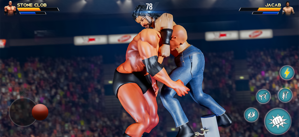 Real Wrestlers Championship 3D - Dos luchadores 3D agarrándose en una lucha libre profesional con controles de juego en pantalla