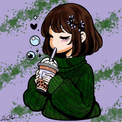 manga girl drinking boba in cozy sweater