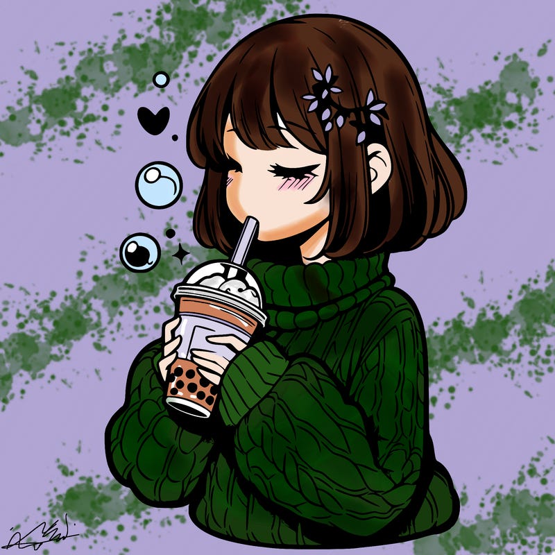manga girl drinking boba in cozy sweater
