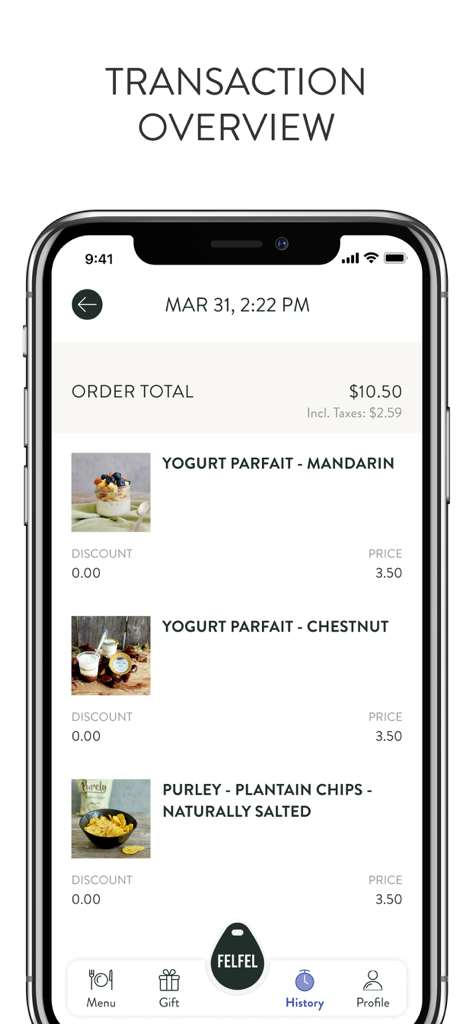 FELFEL app transaction overview showing a list of purchased snacks and total cost