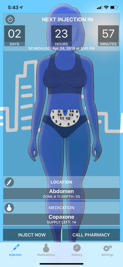 Injection Reminder app dashboard displaying a countdown to the next dose and a body map for abdomen injection site rotation