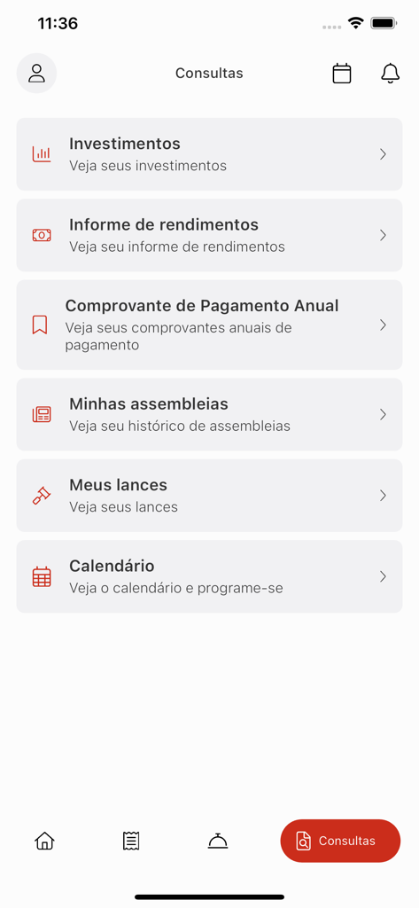 Ademicon - Ademicon app screen showing various financial query options like investments, bids, and meeting calendar