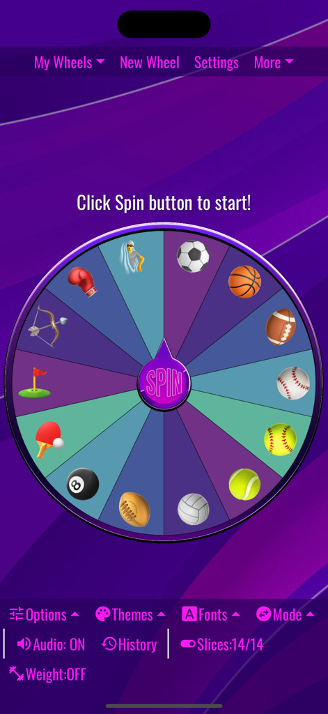 Uma interface colorida de roda de escolha aleatória com vários ícones de esportes em um fundo roxo