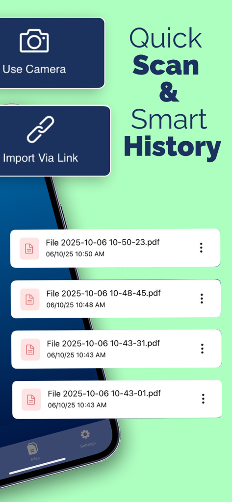 PDF Photos - JPG to PDF - Pantalla de la aplicación móvil que muestra opciones de escaneo rápido y una lista de archivos PDF convertidos