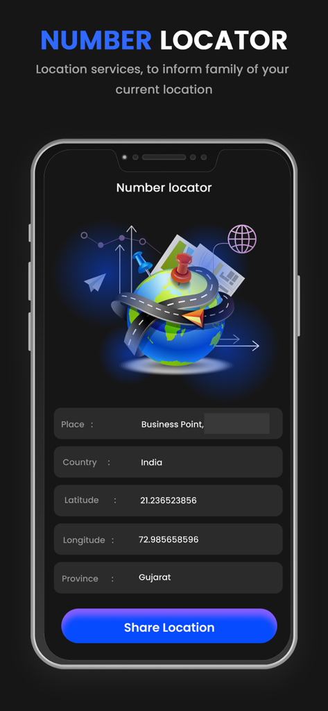 Mobile Number Trackers - 正確な位置情報と共有位置ボタンを表示するMobile Number Trackersアプリのインターフェース
