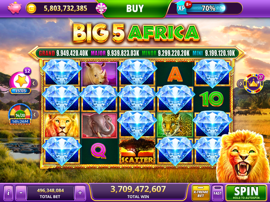 Gambino Slots HD gameplay showing the Big 5 Africa themed slot machine with lions and diamonds.