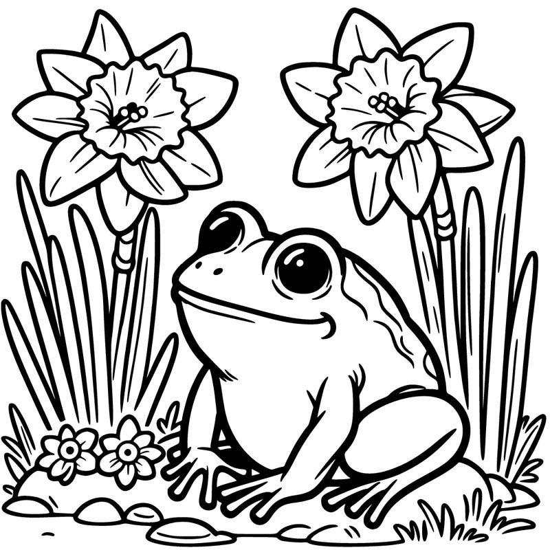 a frog and daffodils