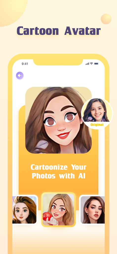 A mobile app interface showing a cartoonized version of a woman photo using AI technology.